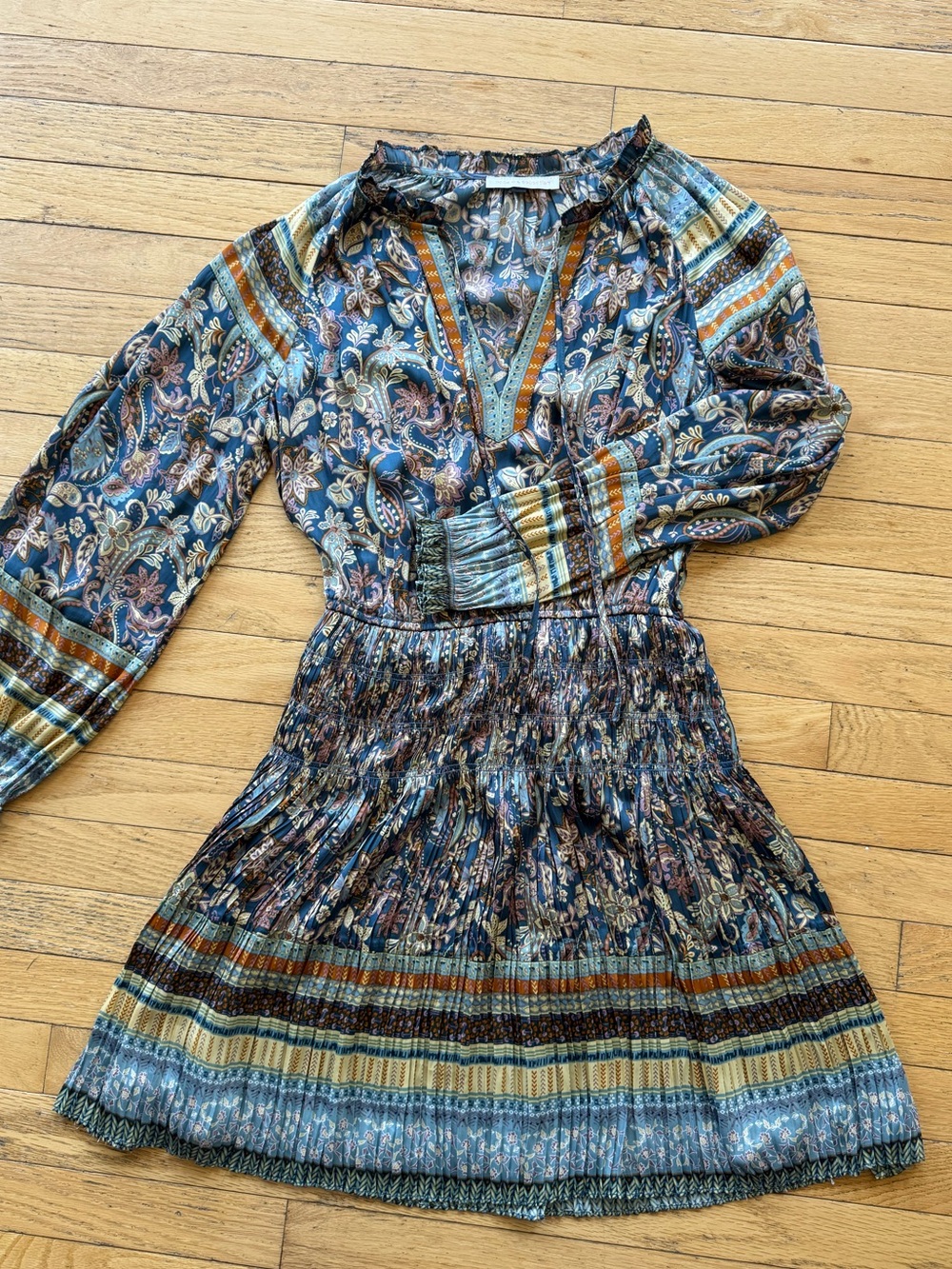 Boho Floral Smocked-Waist Long Sleeve Dress - Blue Multi